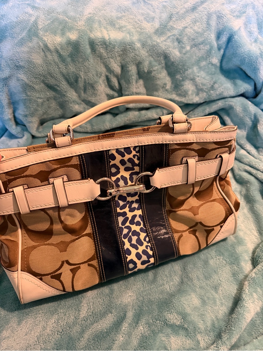Coach Tan Signature Satchel with White Trim and Navy Leopard Stripe